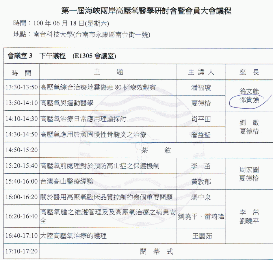 第一届海峡两岸高压氧医学研讨会在台湾台南科技大学隆重召开